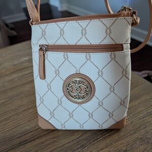 Tory Burch Cream and Tan Crossbody with Logo Medallion